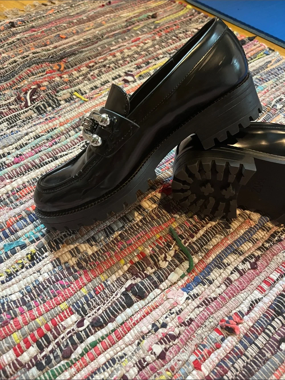 Zara Black Patent Loafers with Silver Chain